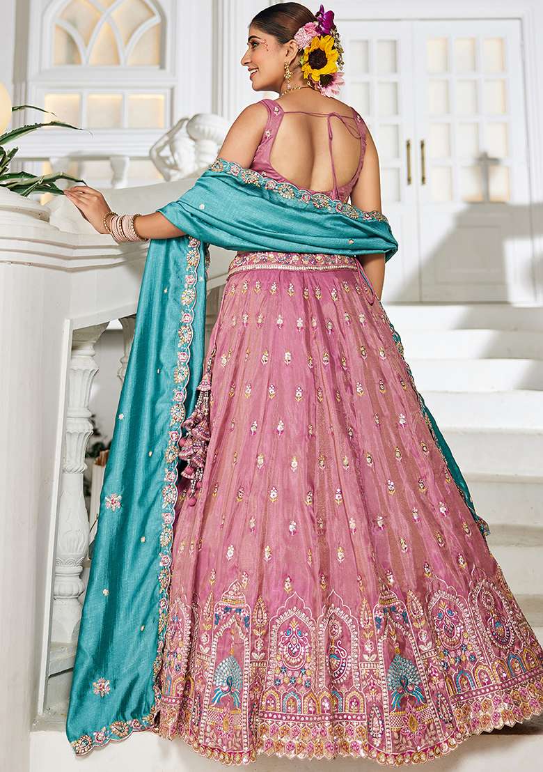 Pink Seqqunce Work Tissue Lehenga Set With Dupatta - Indya