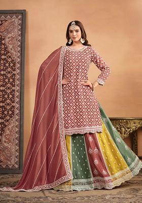 Multicolor Embroidered Silk Lehenga Set