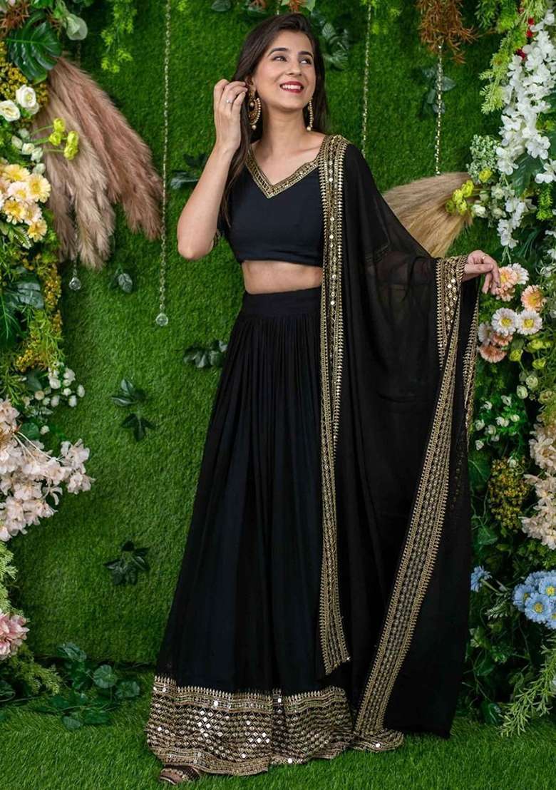 Black embroidered Georgette Lehenga Set With Dupatta - Indya