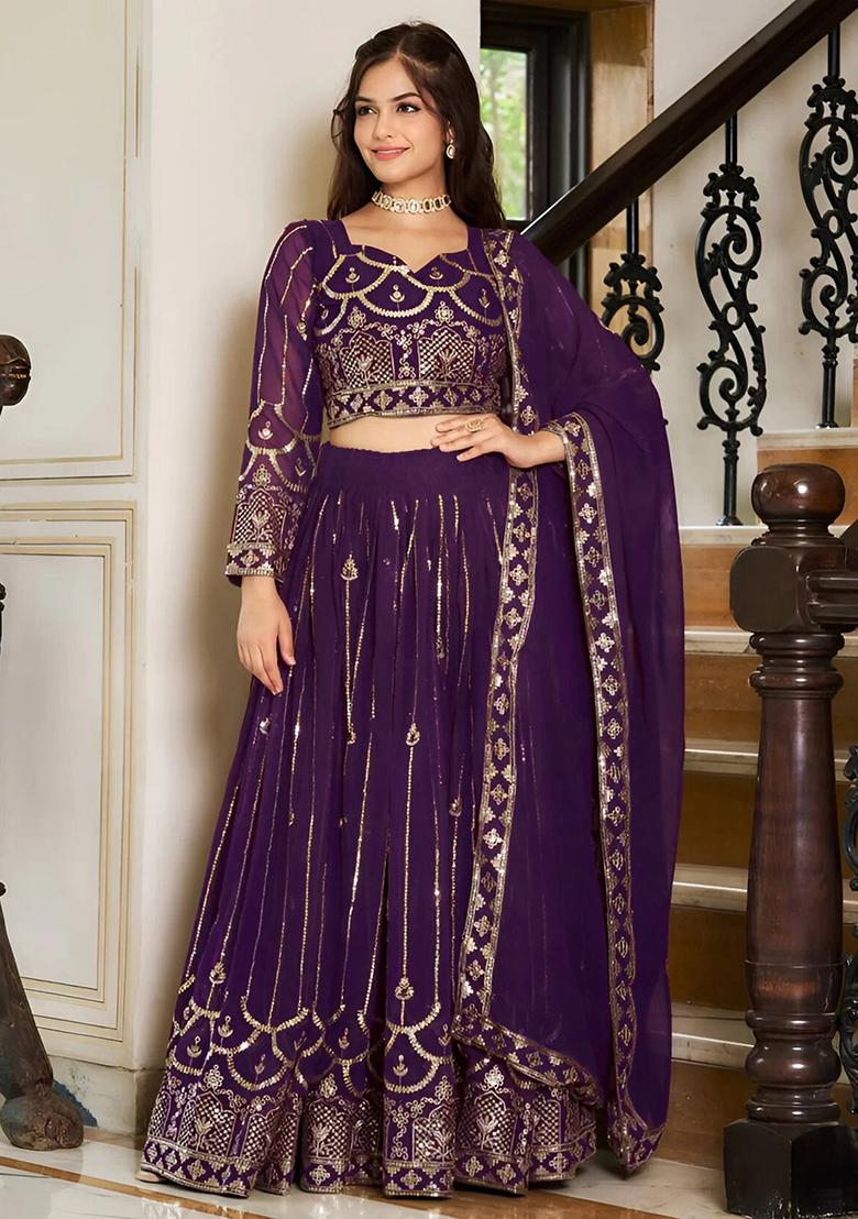 Purple embroidered Georgette Lehenga Set With Dupatta