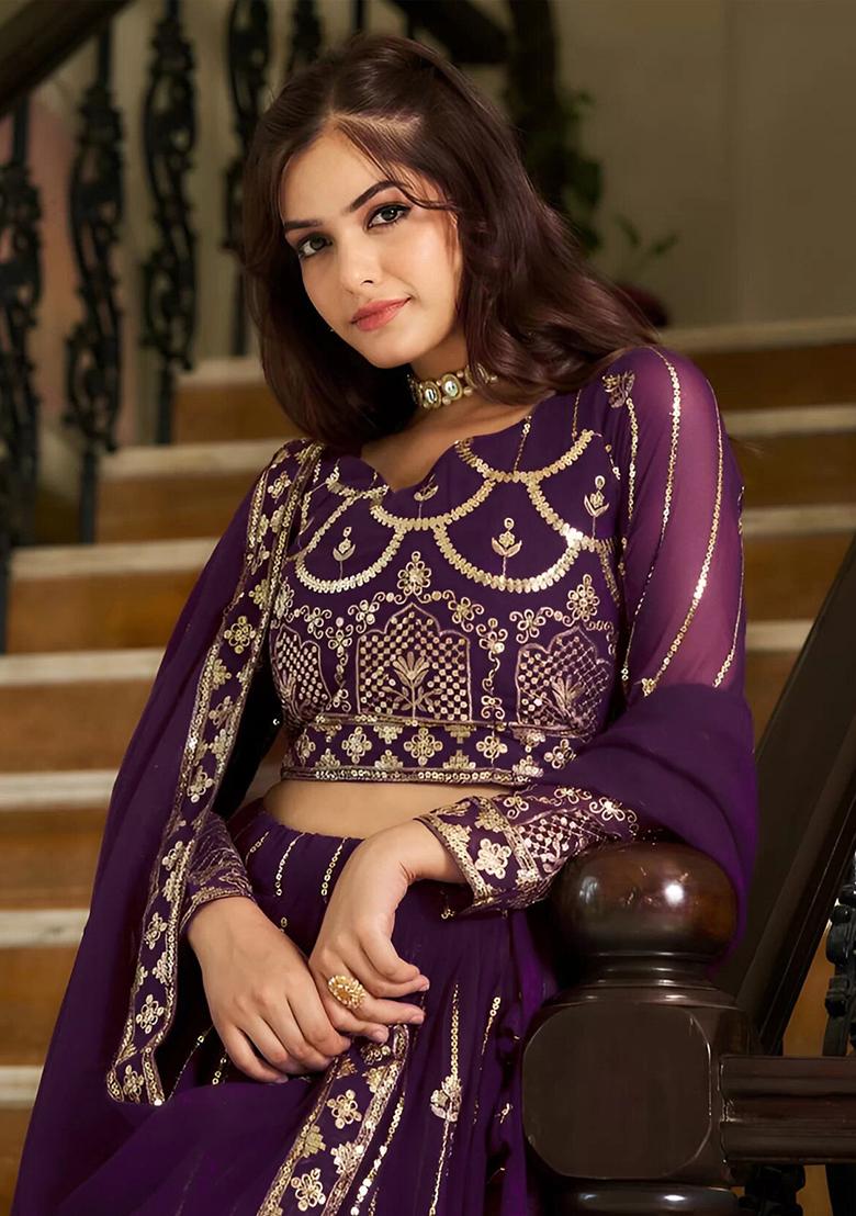 Purple embroidered Georgette Lehenga Set With Dupatta