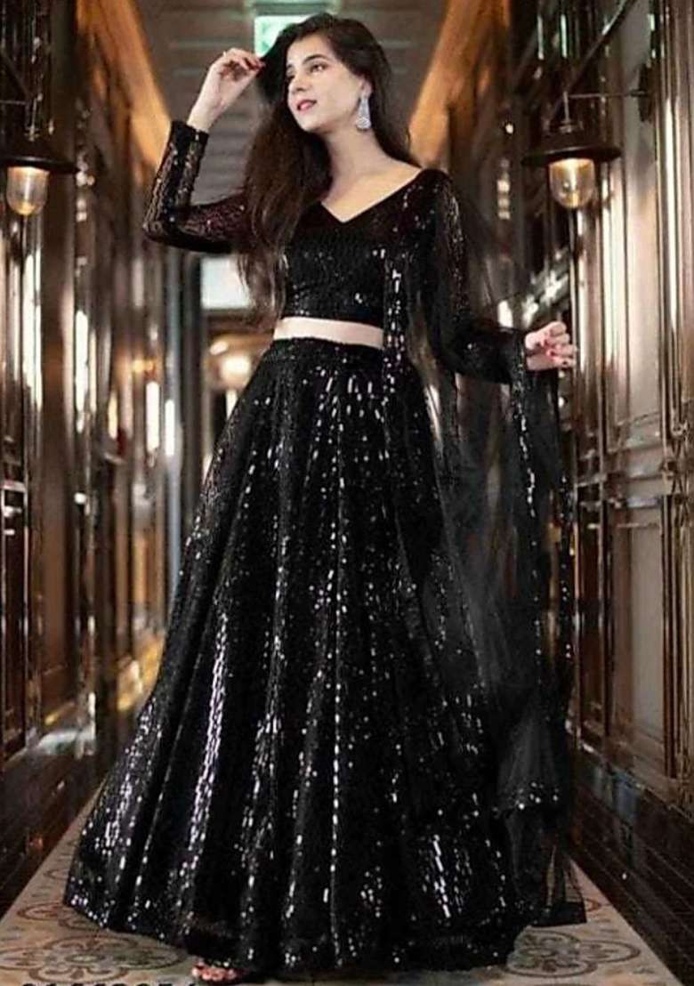 Black embroidered Net Lehenga Set With Dupatta - Indya