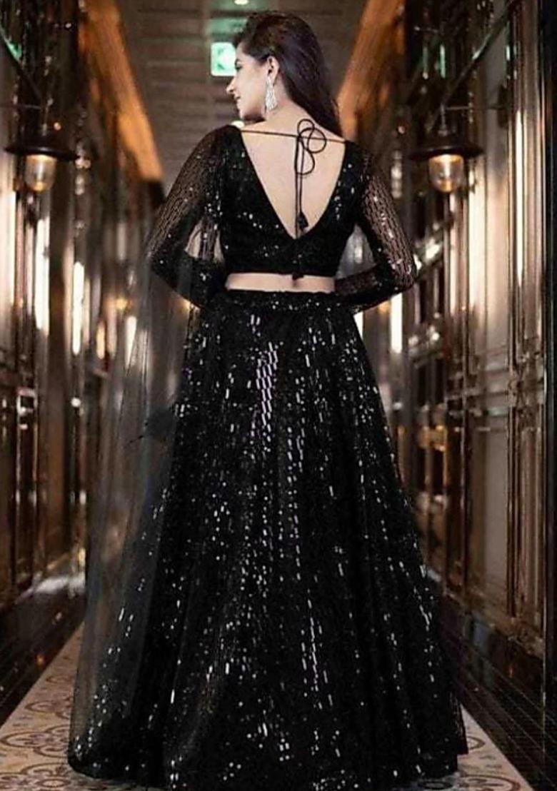 Black embroidered Net Lehenga Set With Dupatta