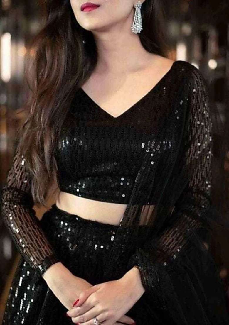 Black embroidered Net Lehenga Set With Dupatta - Indya