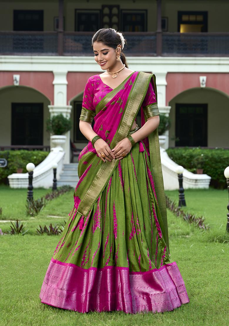 Mehendi Shibori Print Dola Silk Lehenga Set