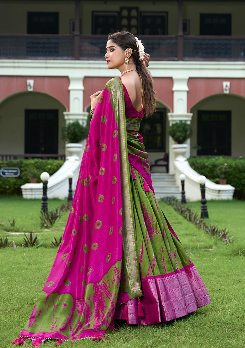 Mehendi Shibori Print Dola Silk Lehenga Set
