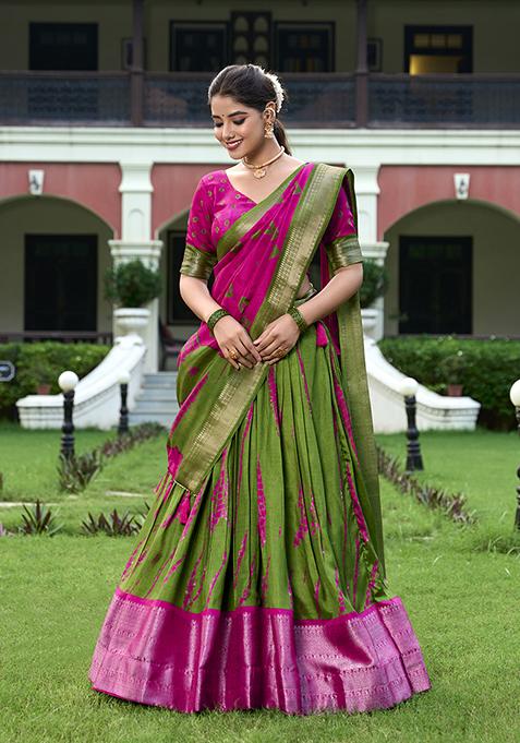 Mehendi Shibori Print Dola Silk Lehenga Set