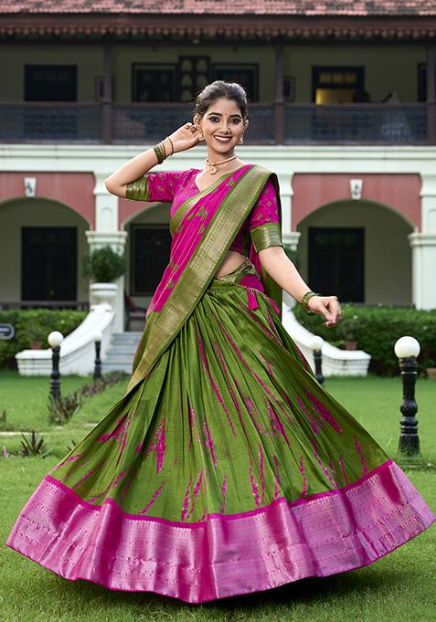 Mehendi Shibori Print Dola Silk Lehenga Set