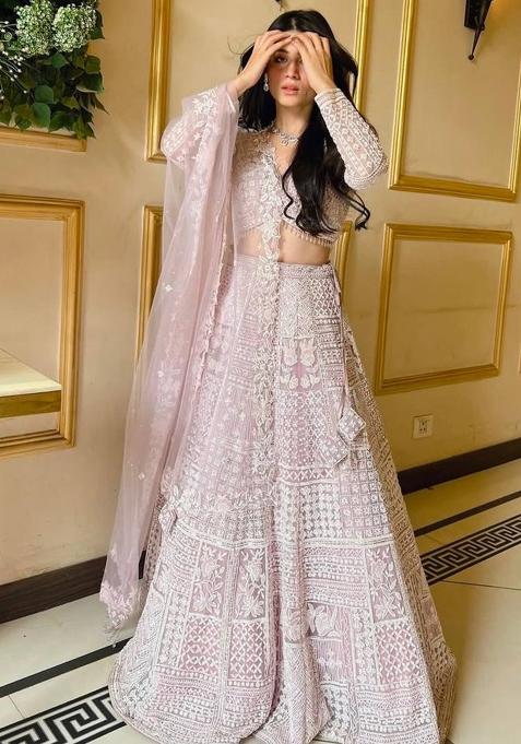 Multicolor embroidered Net Lehenga Set With Dupatta