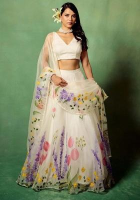 Multicolor embroidered Silk Lehenga Set With Dupatta