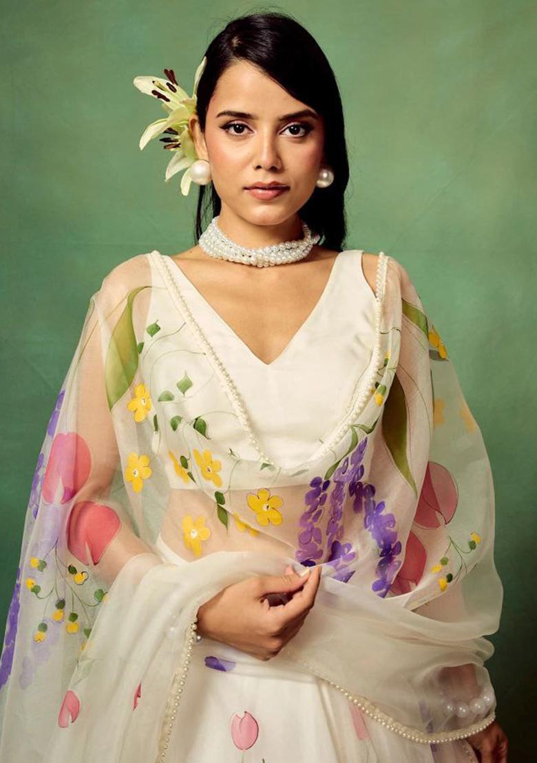 Multicolor embroidered Silk Lehenga Set With Dupatta