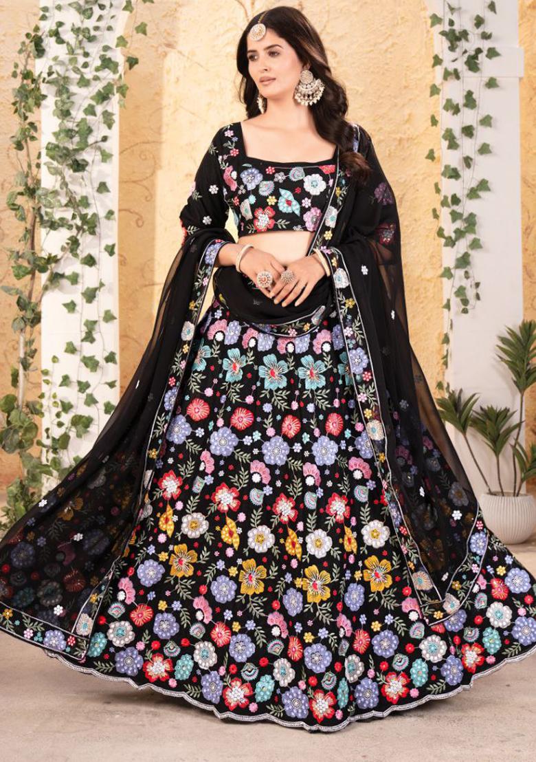 Multicolor embroidered Georgette Lehenga Set With Dupatta