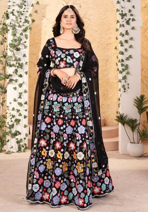 Multicolor embroidered Georgette Lehenga Set With Dupatta