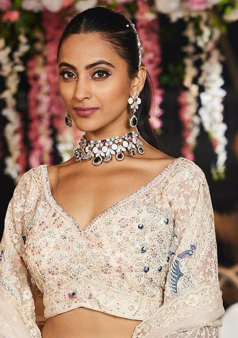 Multicolor embroidered Net Lehenga Set With Dupatta