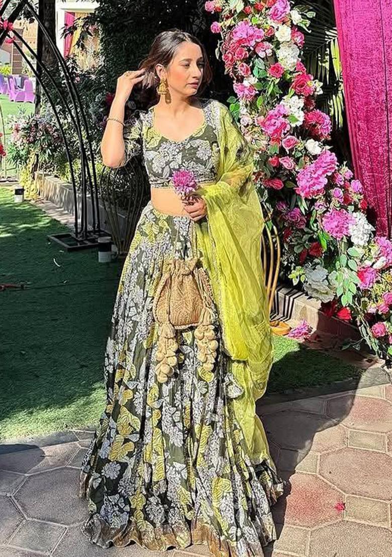 Multicolor embroidered Chinon Lehenga Set With Dupatta