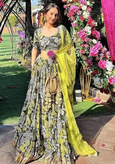 Multicolor embroidered Chinon Lehenga Set With Dupatta