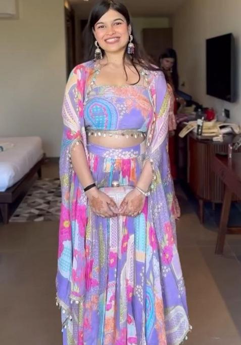 Multicolor embroidered Chinon Lehenga Set With Dupatta