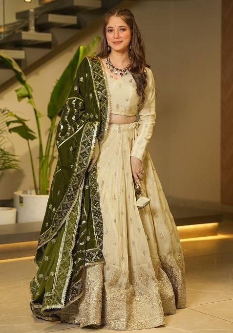 Multicolor embroidered Chinon Lehenga Set With Dupatta