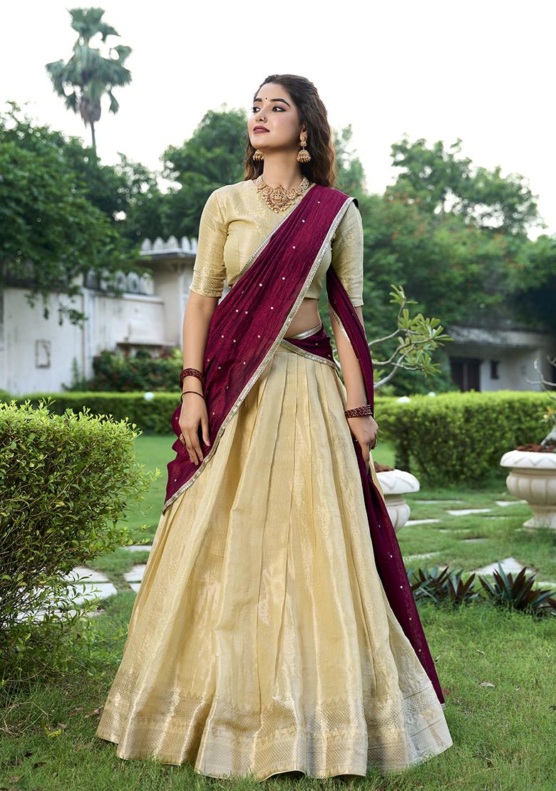 Cream Zari Woven Kanchipuram Lehenga Set