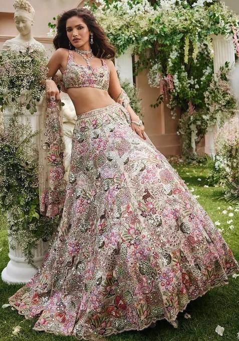 Multicolor embroidered Georgette Lehenga Set With Dupatta