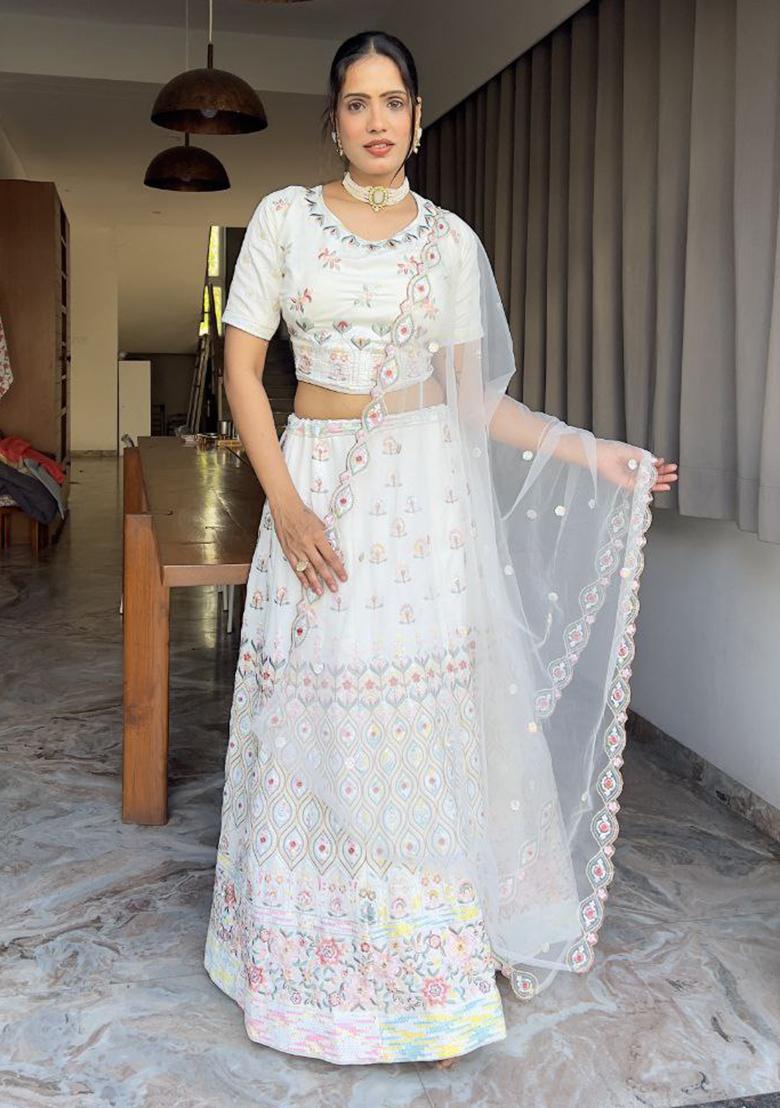 Multicolor embroidered Georgette Lehenga Set With Dupatta
