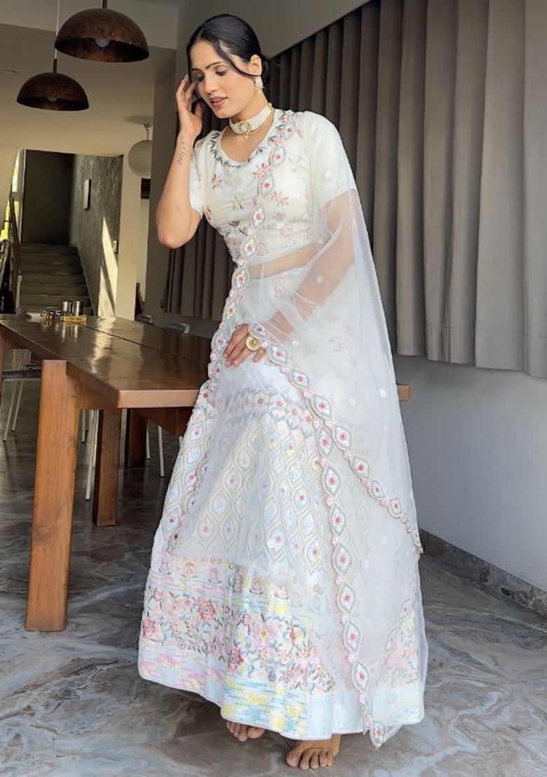 Multicolor embroidered Georgette Lehenga Set With Dupatta