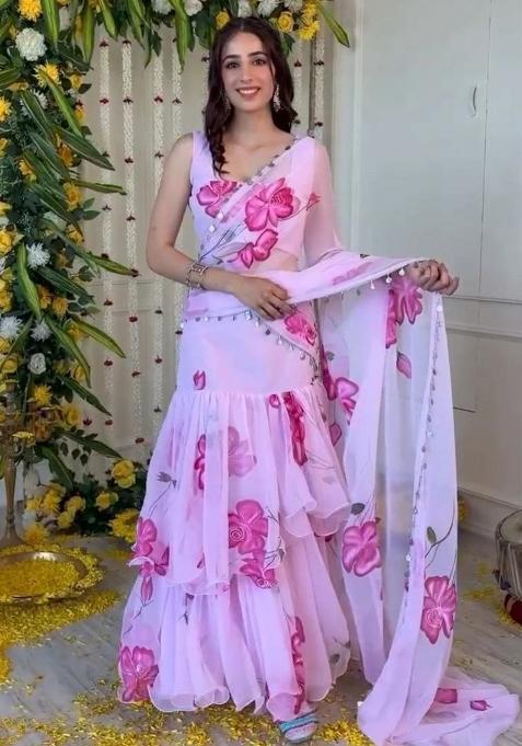 Multicolor embroidered Georgette Lehenga Set With Dupatta