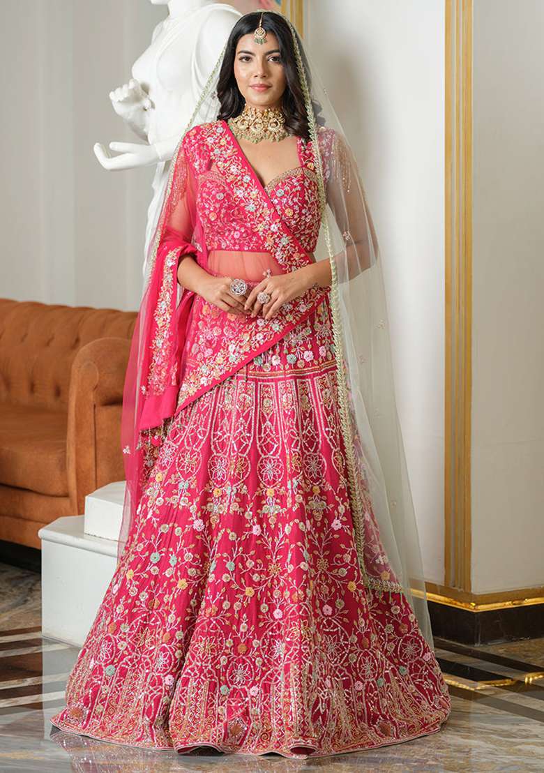 Multicolor embroidered Net Lehenga Set With Dupatta - Indya