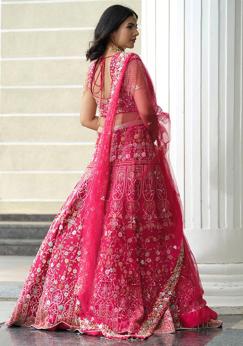 Multicolor embroidered Net Lehenga Set With Dupatta