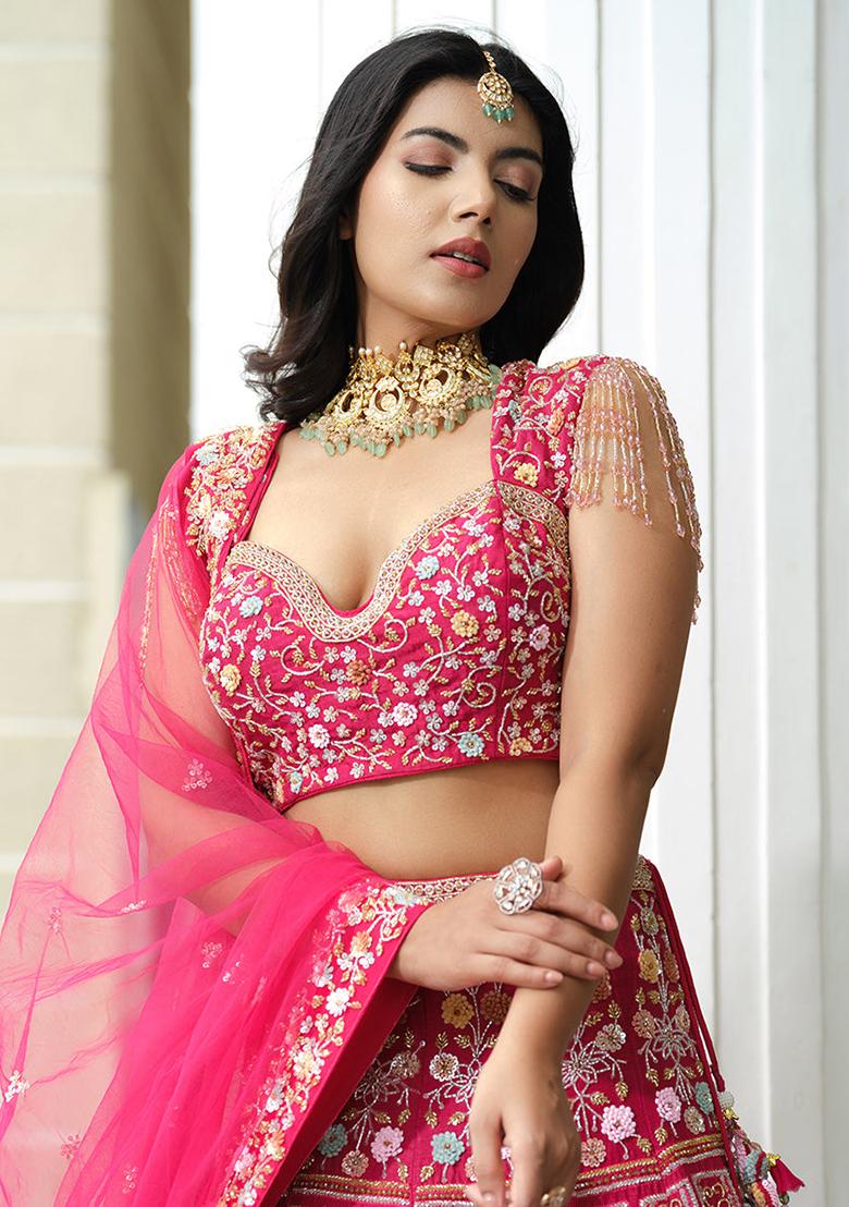 Multicolor embroidered Net Lehenga Set With Dupatta