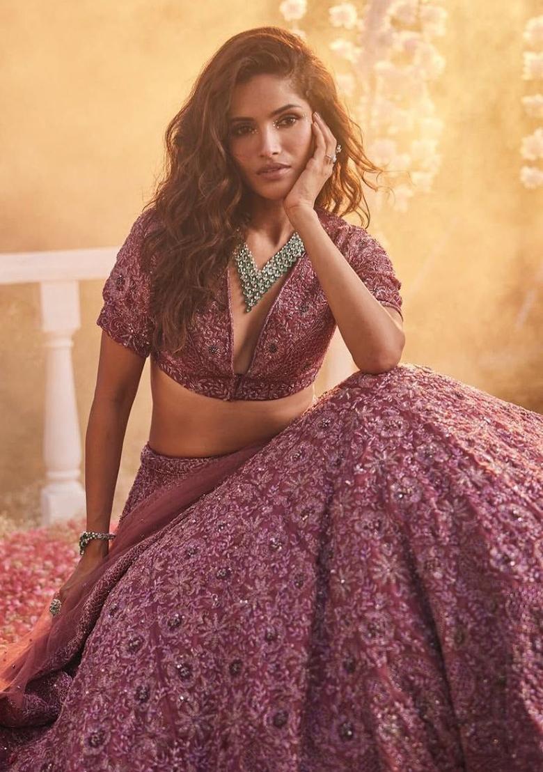 Multicolor embroidered Chinon Lehenga Set With Dupatta