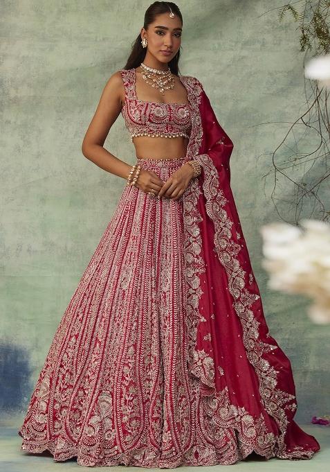 Multicolor embroidered Silk Lehenga Set With Dupatta