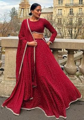 Multicolor embroidered Chinon Lehenga Set With Dupatta