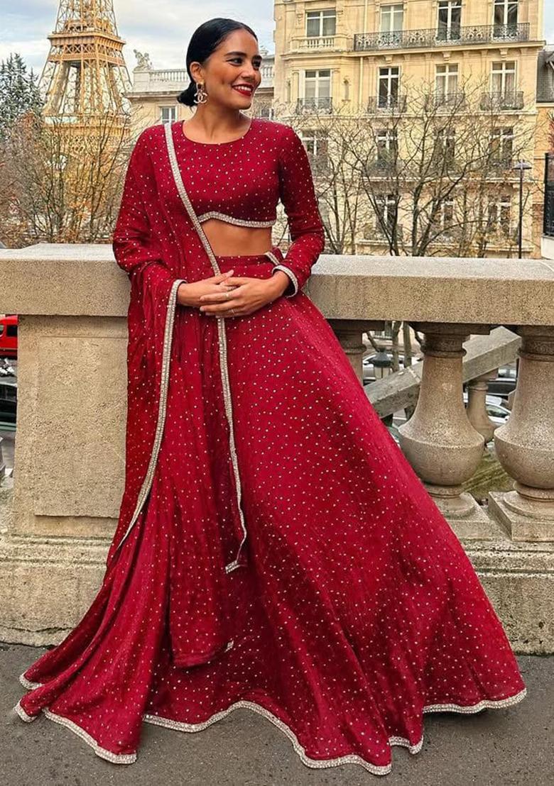 Multicolor embroidered Chinon Lehenga Set With Dupatta