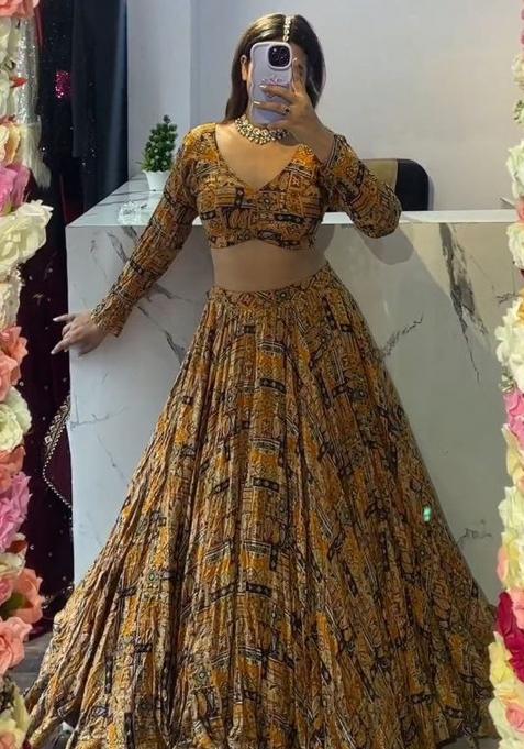 Multicolor embroidered Chinon Lehenga Set With Dupatta