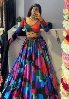 Multicolor embroidered Chinon Lehenga Set With Dupatta