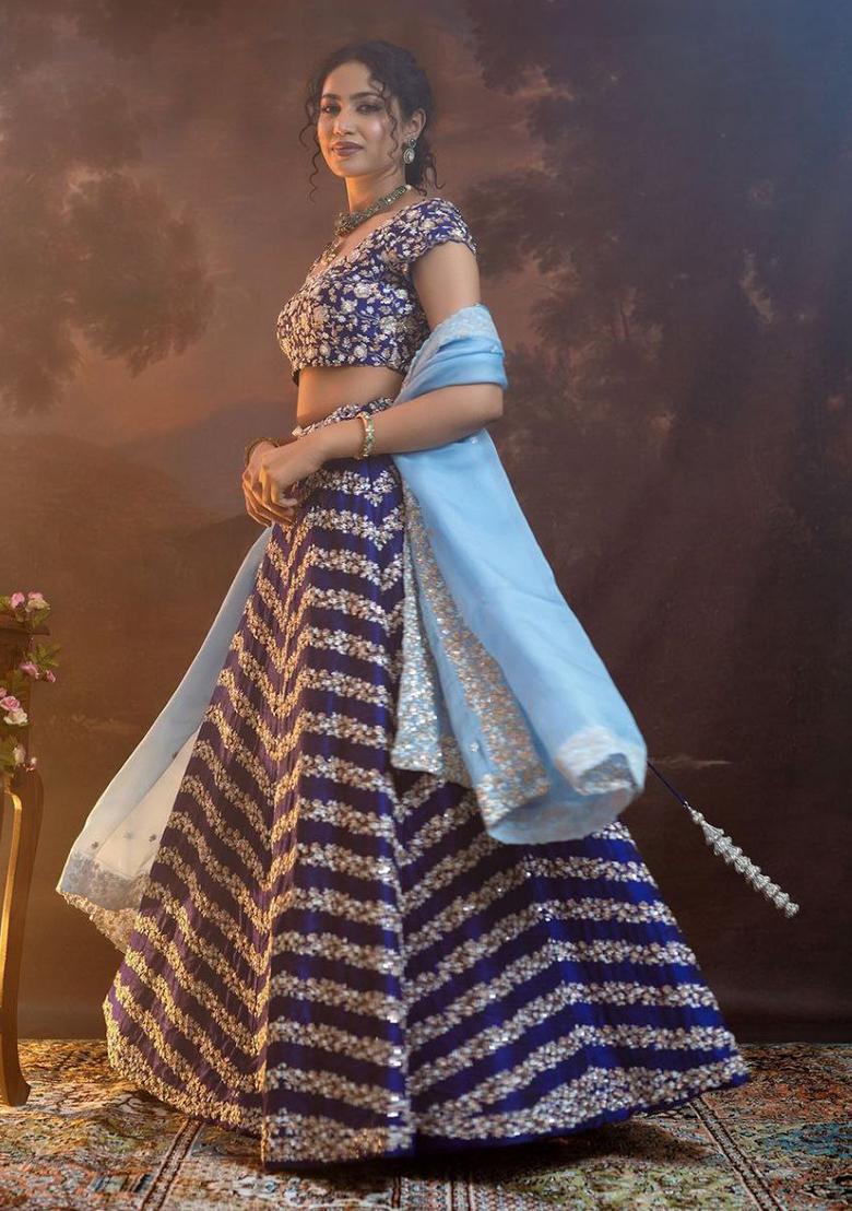 Multicolor embroidered Chinon Lehenga Set With Dupatta