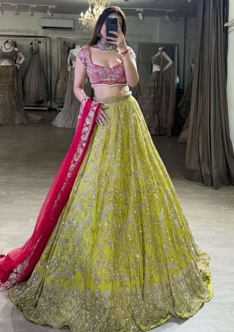 Multicolor embroidered Georgette Lehenga Set With Dupatta for Diwali and Festive Wear - Indya
