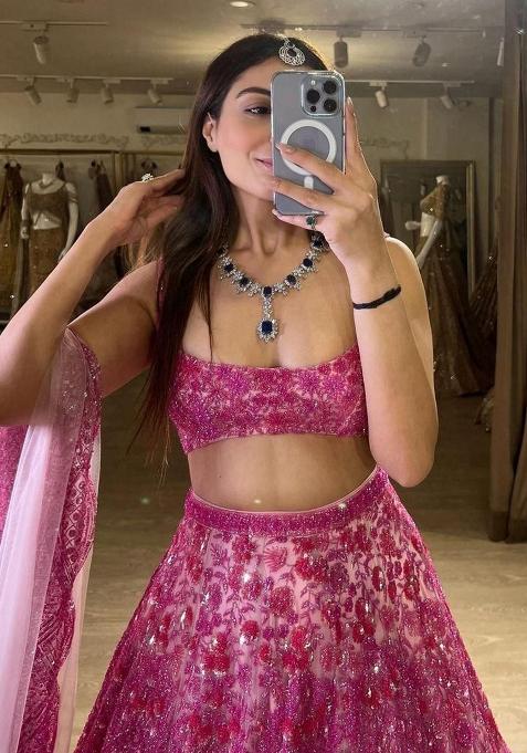 Multicolor embroidered Net Lehenga Set With Dupatta