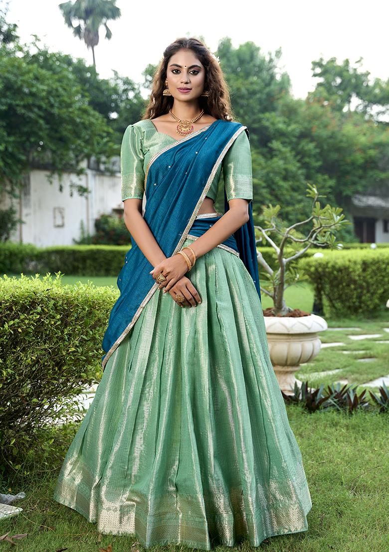 Pista Zari Woven Kanchipuram Lehenga Set