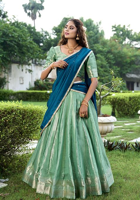 Pista Zari Woven Kanchipuram Lehenga Set
