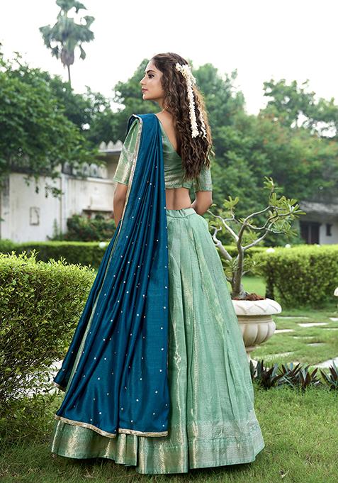 Pista Zari Woven Kanchipuram Lehenga Set