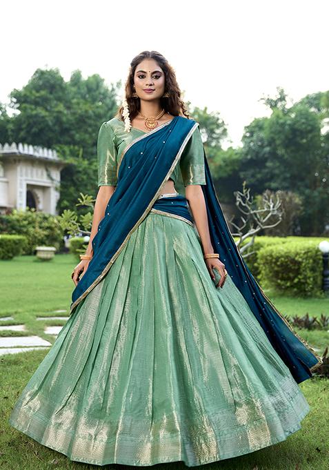 Pista Zari Woven Kanchipuram Lehenga Set