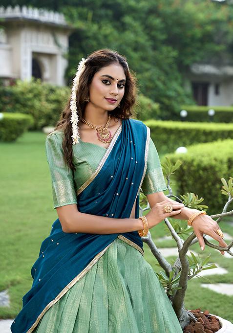 Pista Zari Woven Kanchipuram Lehenga Set