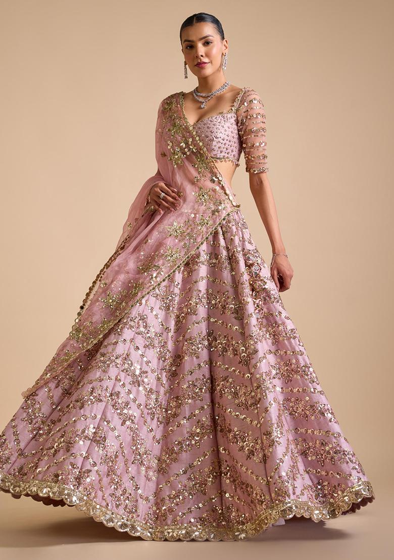 Multicolor embroidered Chinon Lehenga Set With Dupatta