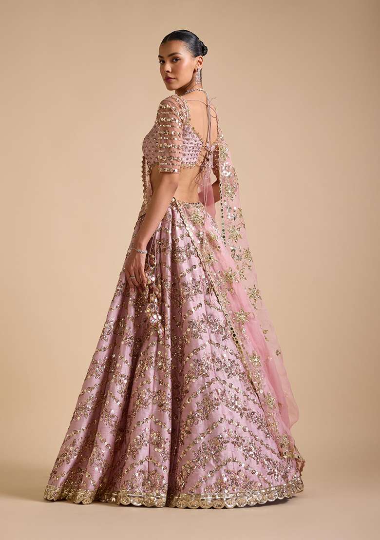 Multicolor embroidered Chinon Lehenga Set With Dupatta for Diwali and Festive Wear - Indya