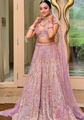Multicolor embroidered Net Lehenga Set With Dupatta