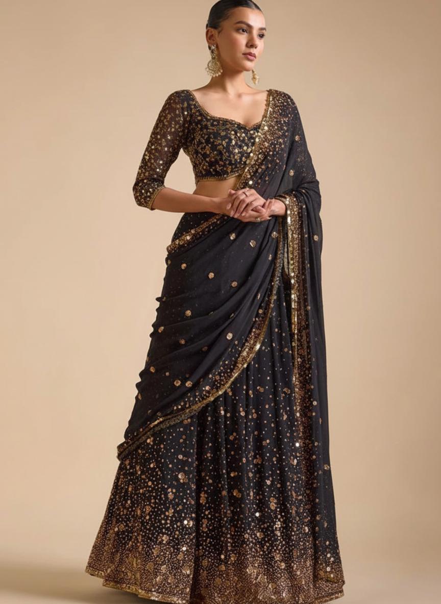 Multicolor embroidered Georgette Lehenga Set With Dupatta