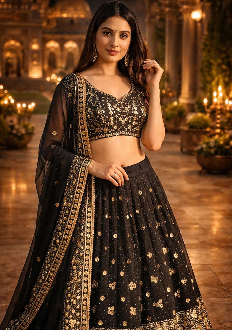 Multicolor With Dupatta Georgette Lehenga Set with embroidered for Diwali | Wedding & Festive Wear - Indya