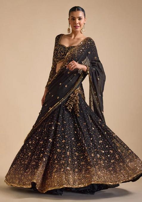 Multicolor embroidered Georgette Lehenga Set With Dupatta